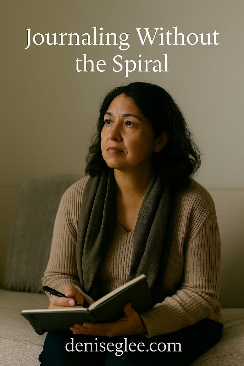 A middle-aged racially ambiguous woman journaling thoughtfully on a neutral-toned couch, dressed in a cozy sweater and scarf, looking upward.