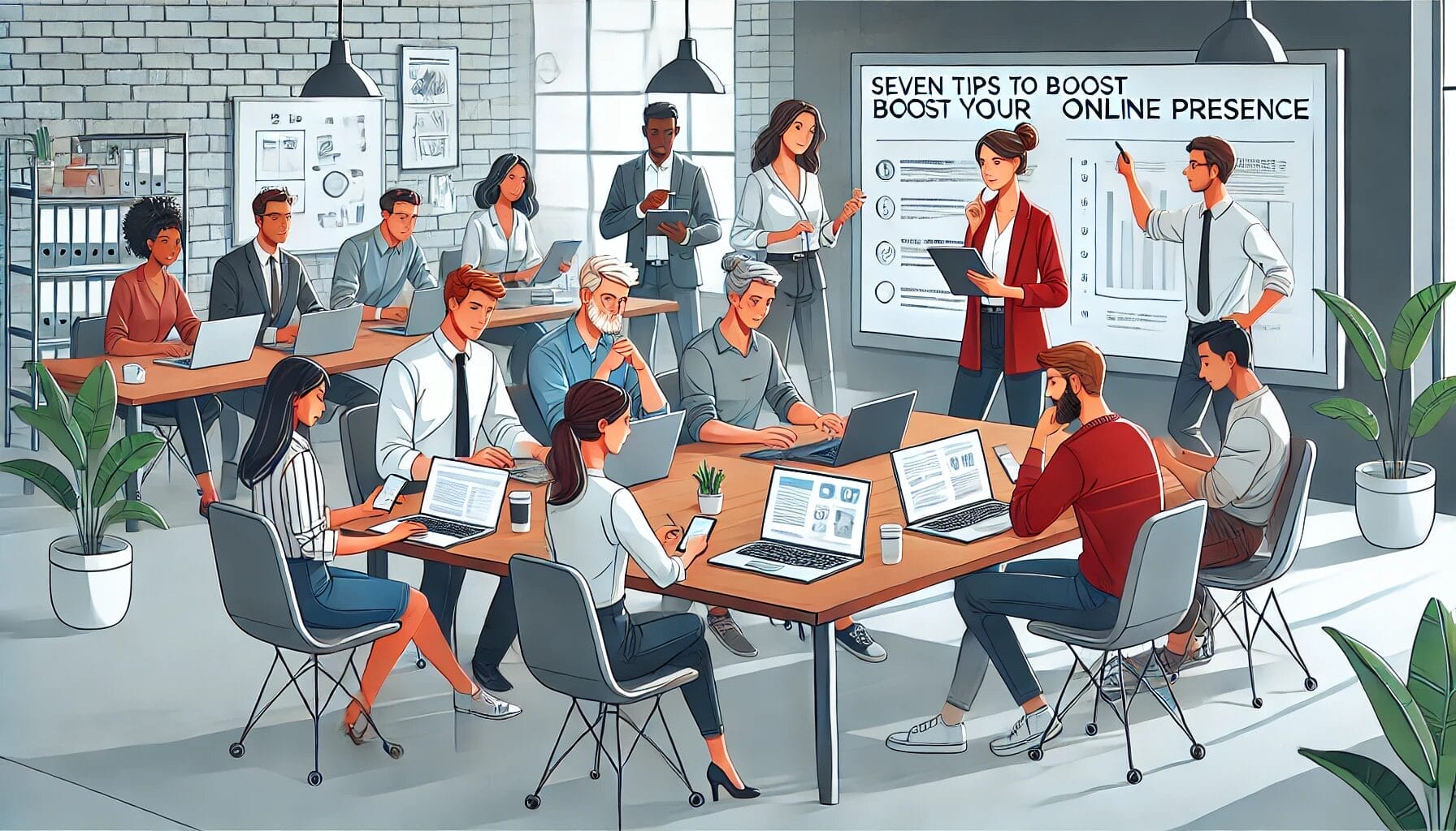 image of workers discussing how to boost their online presence