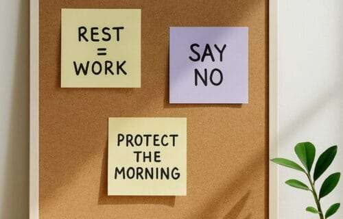 Corkboard with sticky notes reading “Rest = Work,” “Say No,” and “Protect the Morning,” with sunlight and a small plant nearby