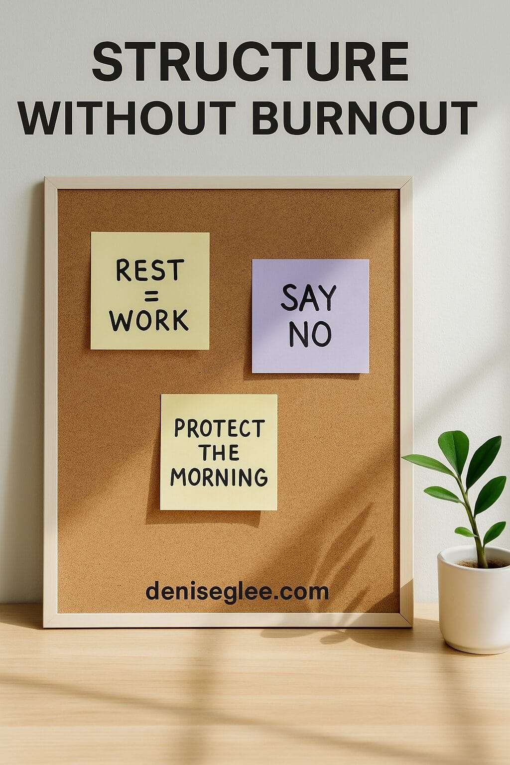 Corkboard with sticky notes reading “Rest = Work,” “Say No,” and “Protect the Morning,” with sunlight and a small plant nearby
