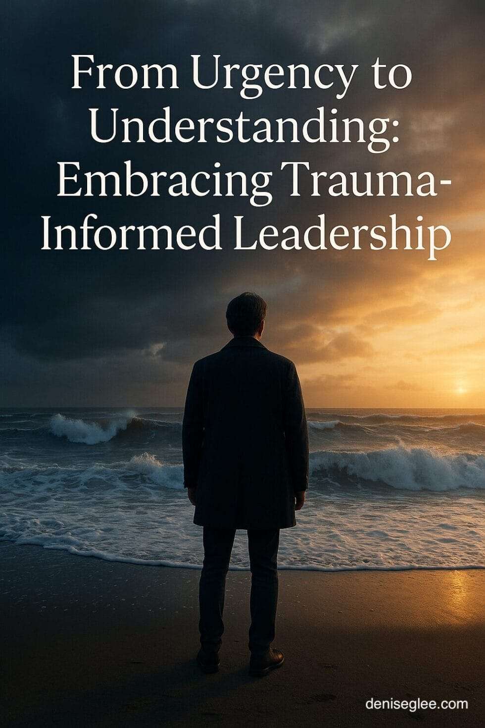Leader standing firm at the edge of a stormy sea, symbolizing the transformation from urgency culture to trauma-informed leadership.