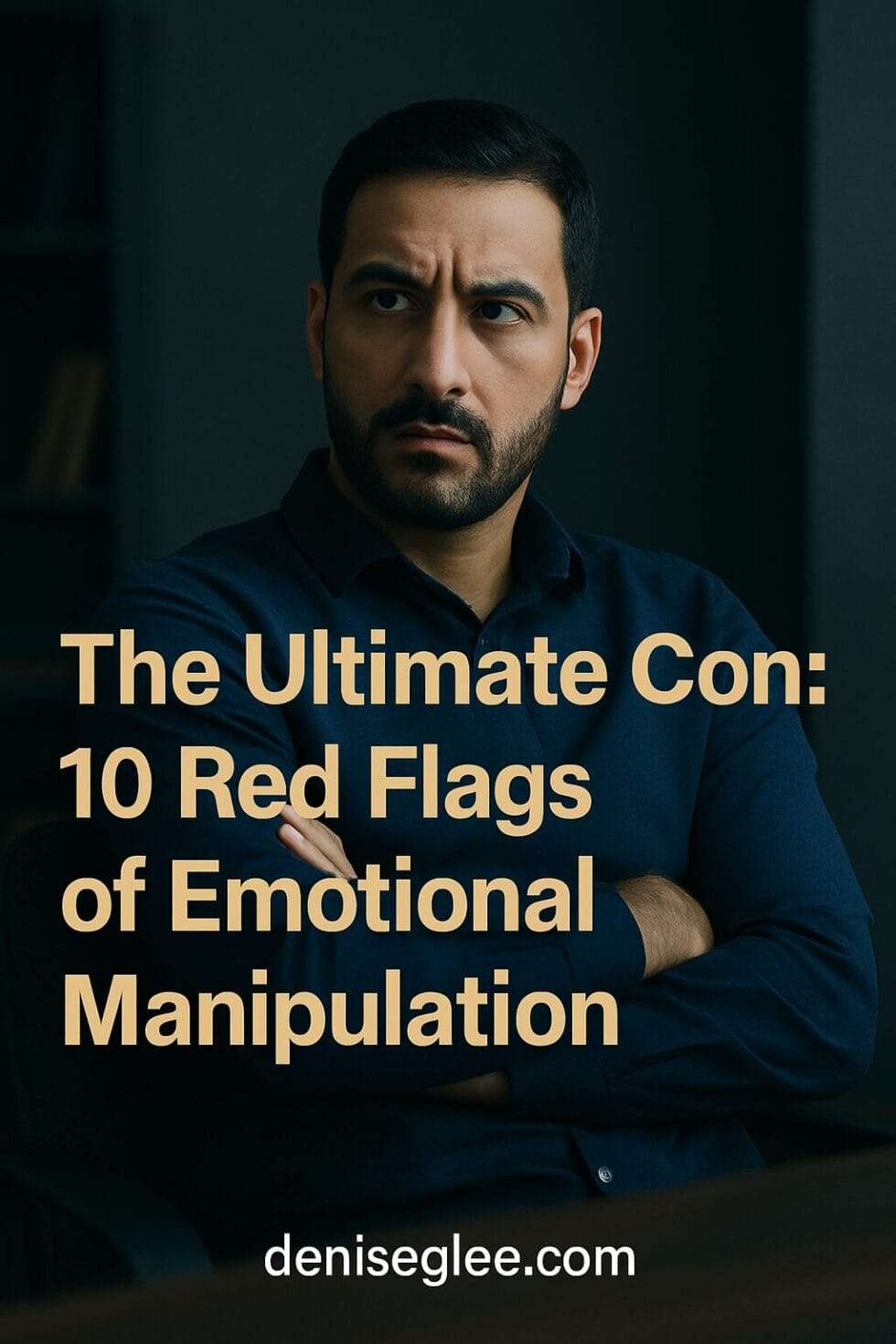 Middle Eastern man seated with skeptical expression, symbolizing awareness of emotional manipulation tactics