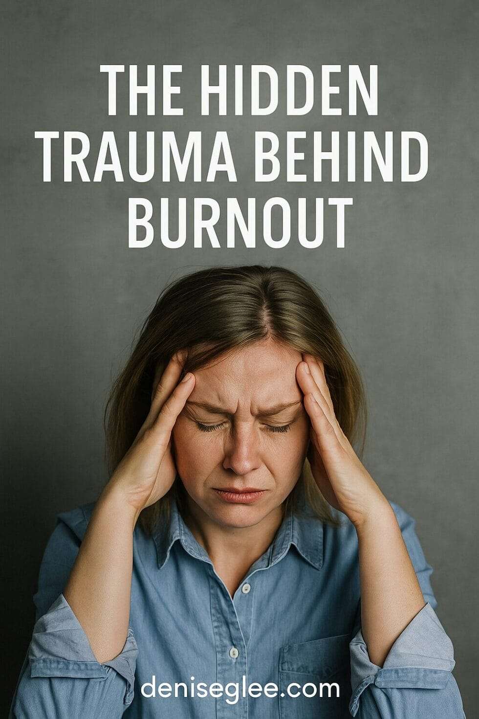A digital hero image featuring a distressed businesswoman in a quiet office, overlaid with the title “The Hidden Trauma Behind Burnout” and deniseglee.com at the bottom.