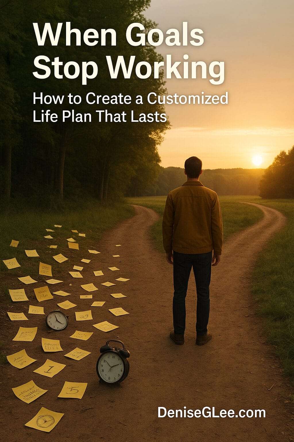 Person at a fork in the road, walking away from broken goals toward a peaceful, open path