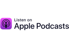 A purple apple logo with the words " listen on apple podcast ".