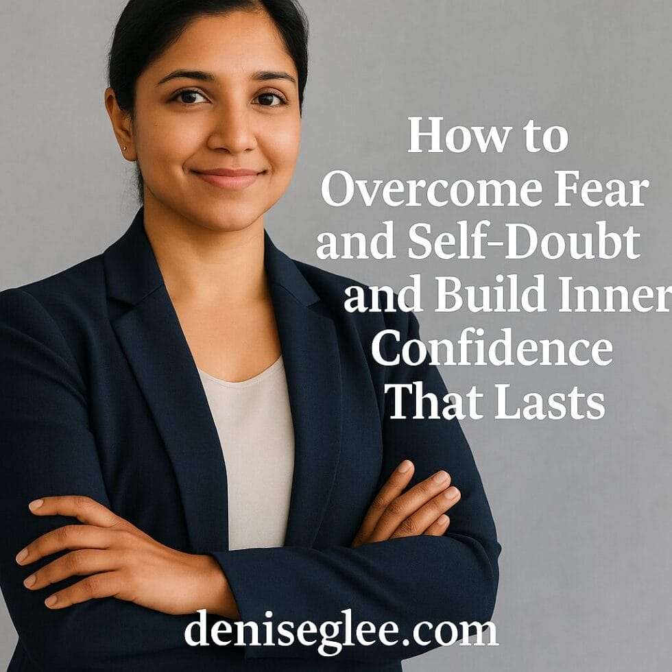 Confident Indian woman in her 30s standing with folded arms in a navy blazer, smiling calmly beside the text “How to Overcome Fear and Self-Doubt and Build Inner Confidence That Lasts”