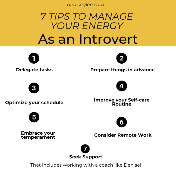 A graphic with the seven tips to manage your energy as an introvert.