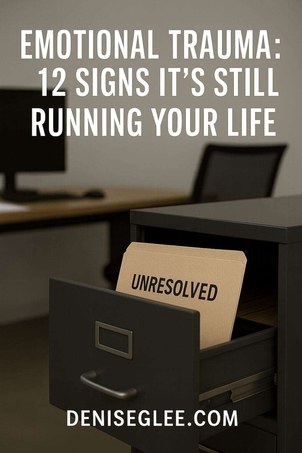 Partially open filing cabinet with a folder labeled ‘UNRESOLVED’ symbolizing hidden emotional trauma, with the title ‘Emotional Trauma: 12 Signs It’s Still Running Your Life’ and deniseglee.com at the bottom.