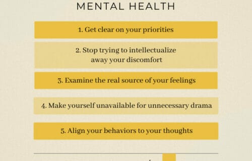 A yellow and white graphic with the words 5 tips to prioritize your mental health
