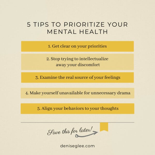 A yellow and white graphic with the words 5 tips to prioritize your mental health