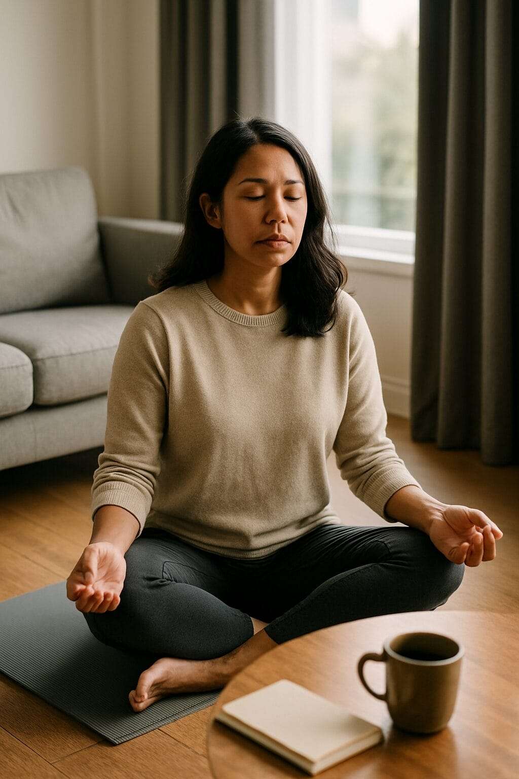 Middle-aged woman sitting cross-legged on a yoga mat in a sunlit room, eyes closed, hands relaxed, with a coffee mug and journal nearby—symbolizing grounded, intentional healing without urgency