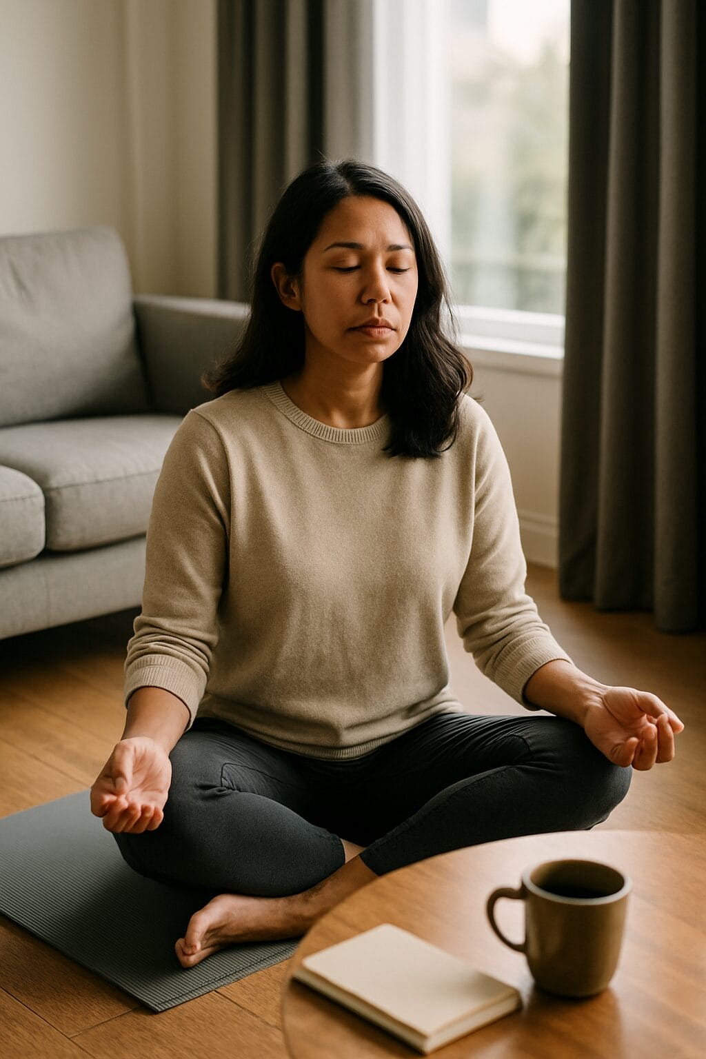 Middle-aged woman sitting cross-legged on a yoga mat in a sunlit room, eyes closed, hands relaxed, with a coffee mug and journal nearby—symbolizing grounded, intentional healing without urgency