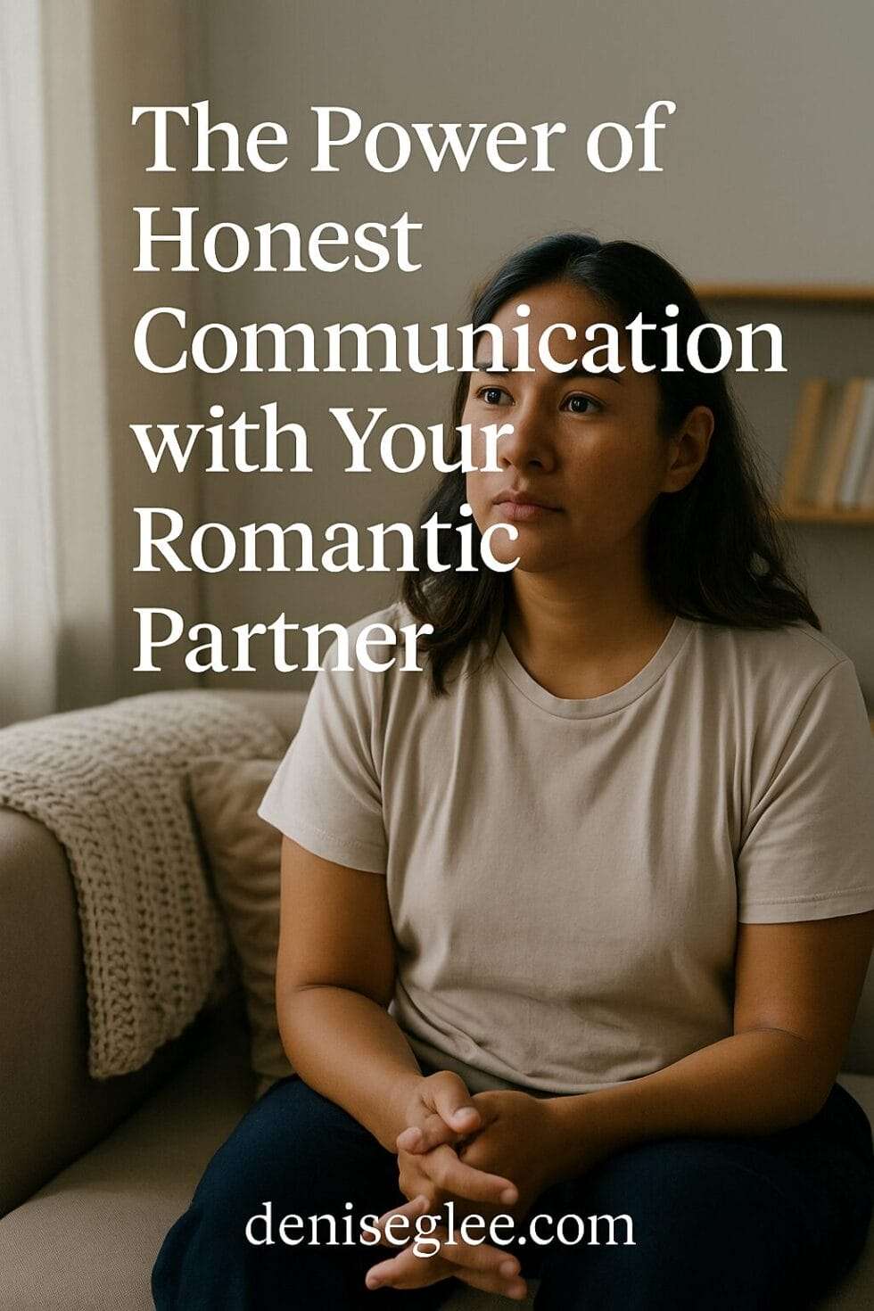 : Pacific Islander woman in a quiet room, reflecting deeply about honest communication with her romantic partner