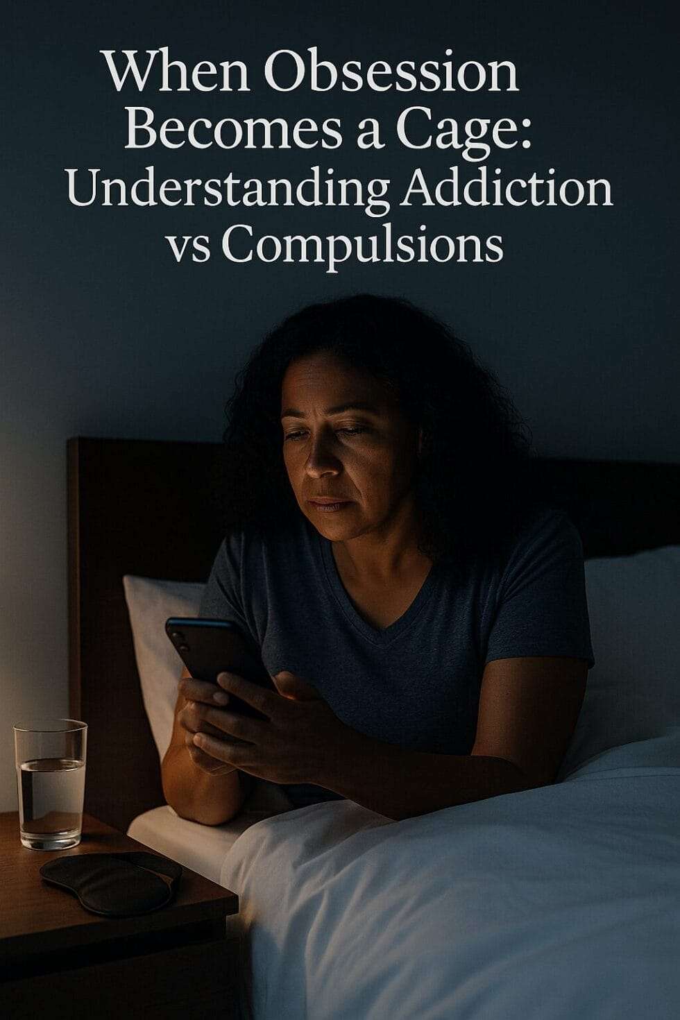 Woman in her 40s sitting in bed at night, looking at her phone with a tired expression; sleep mask and water glass on the nightstand suggest insomnia and compulsion