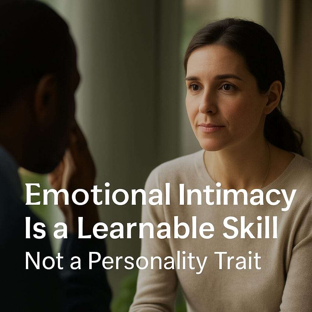 Two people sit in quiet conversation—one listening, one sharing—illustrating emotional intimacy as a learnable skill, not just a personality trait.