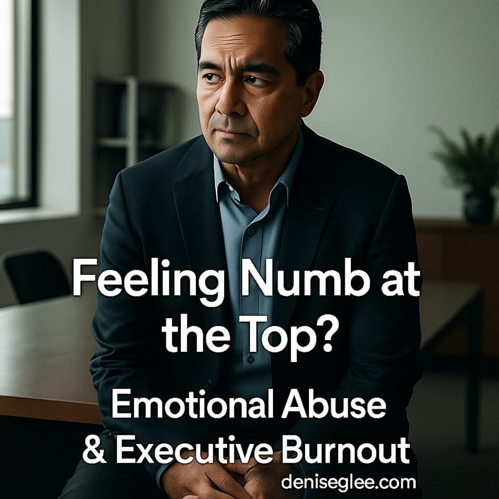 A middle-aged Latino-Asian man sits at a wooden desk in a quiet modern office, looking emotionally heavy. Text overlay reads “Feeling Numb at the Top? Emotional Abuse & Executive Burnout” with “deniseglee.com” included at the bottom.