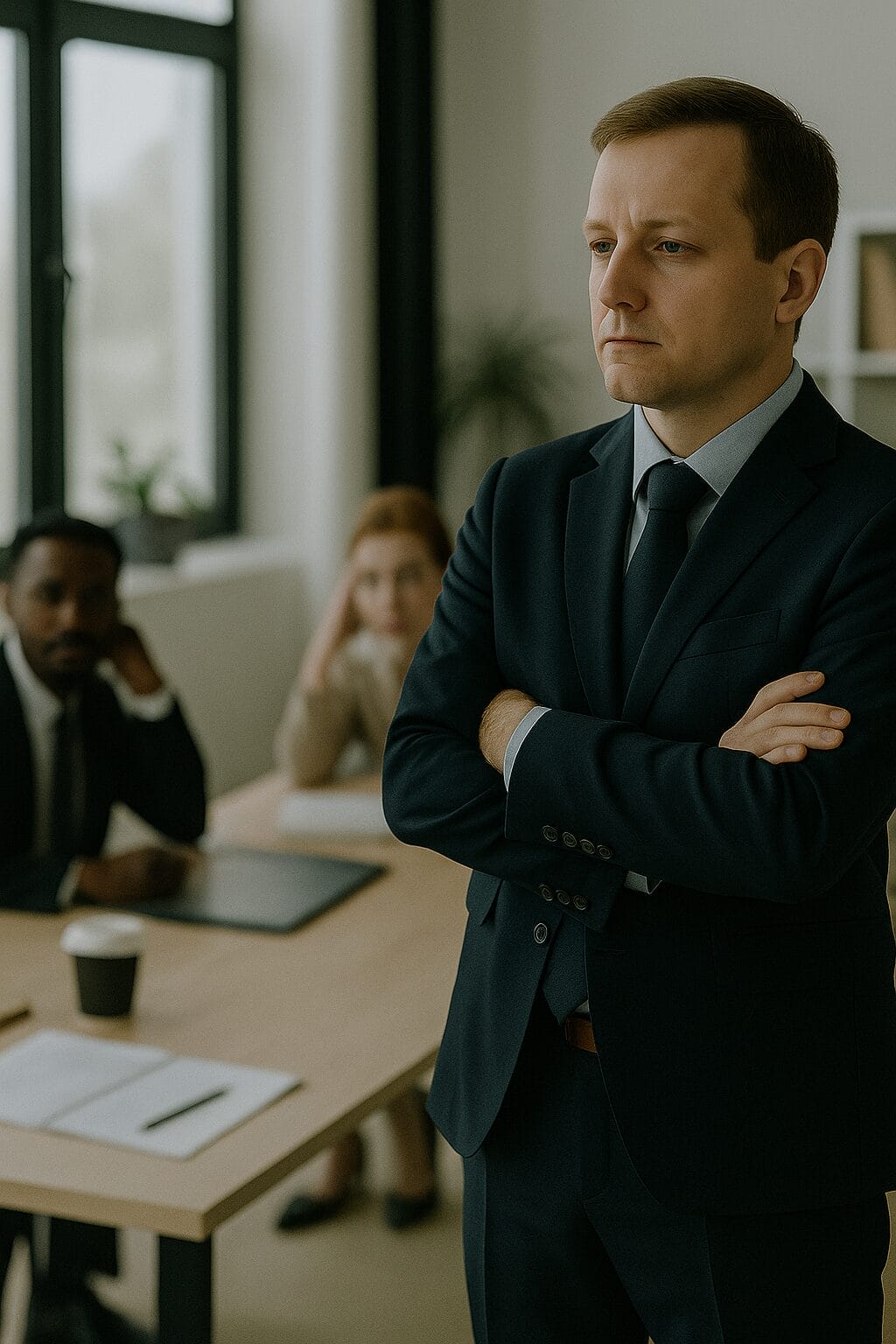 A serious-looking man stands with arms crossed in a boardroom while three blurred team members sit behind him.