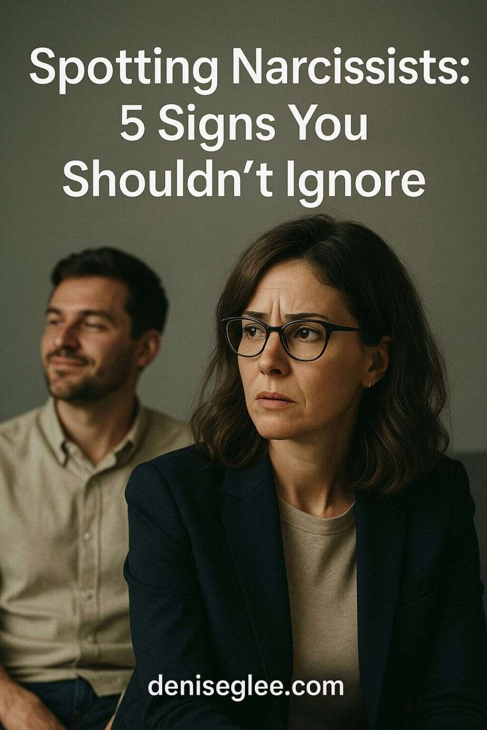 Smart, professional woman looking unsettled while sitting near a smug man, representing emotional tension in a narcissistic relationship