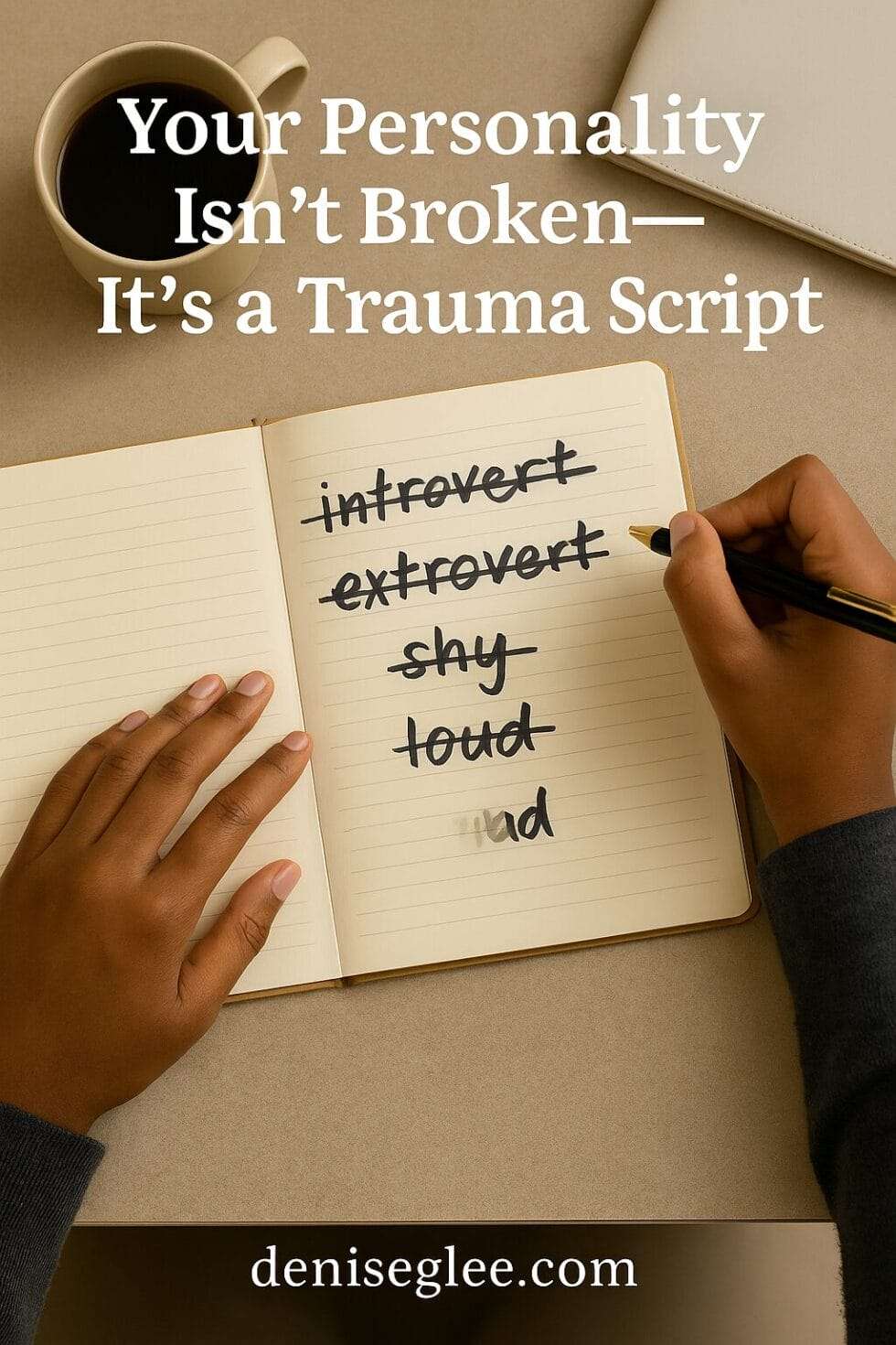 Overhead view of a neutral-toned journal with crossed-out personality labels—introvert, extrovert, loud, shy—next to a pen on a high-performing leader’s desk