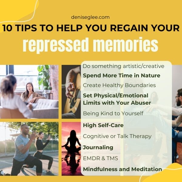 A collage of different people with text that reads " 1 0 tips to help you regain your repressed memories ".