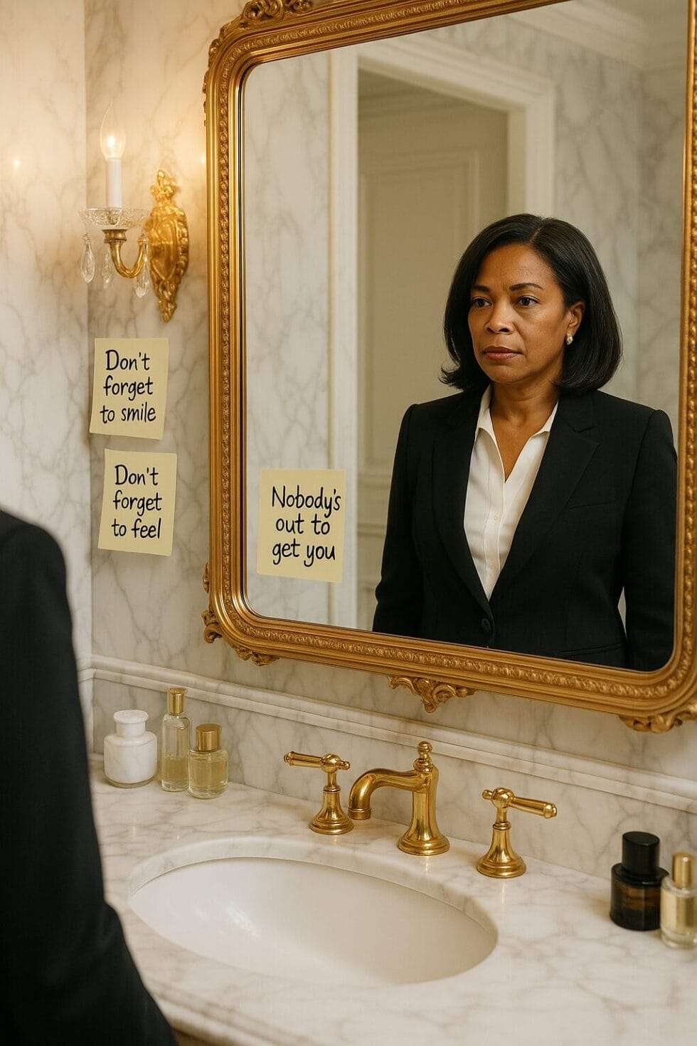 Black Latina businesswoman in luxury bathroom with sticky notes reading “Don’t forget to smile,” “Don’t forget to feel,” and “Nobody’s out to get you”