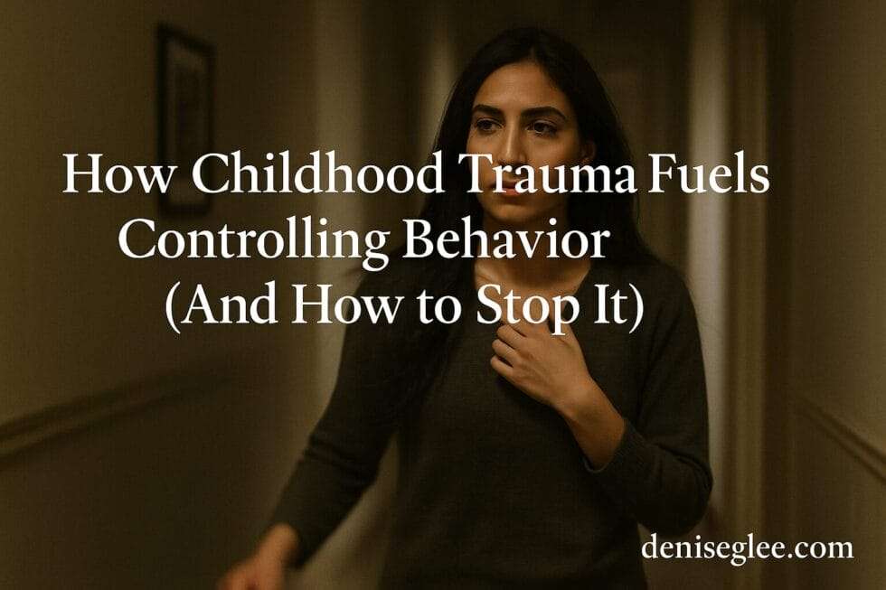 Middle Eastern woman walks down a dim hallway, hand near collarbone, eyes lowered in deep thought, symbolizing the quiet burden of control rooted in childhood trauma.