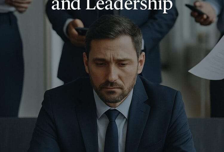 A man in a navy suit sits looking emotionally drained while surrounded by people holding papers and phones, suggesting leadership burnout and hidden codependency
