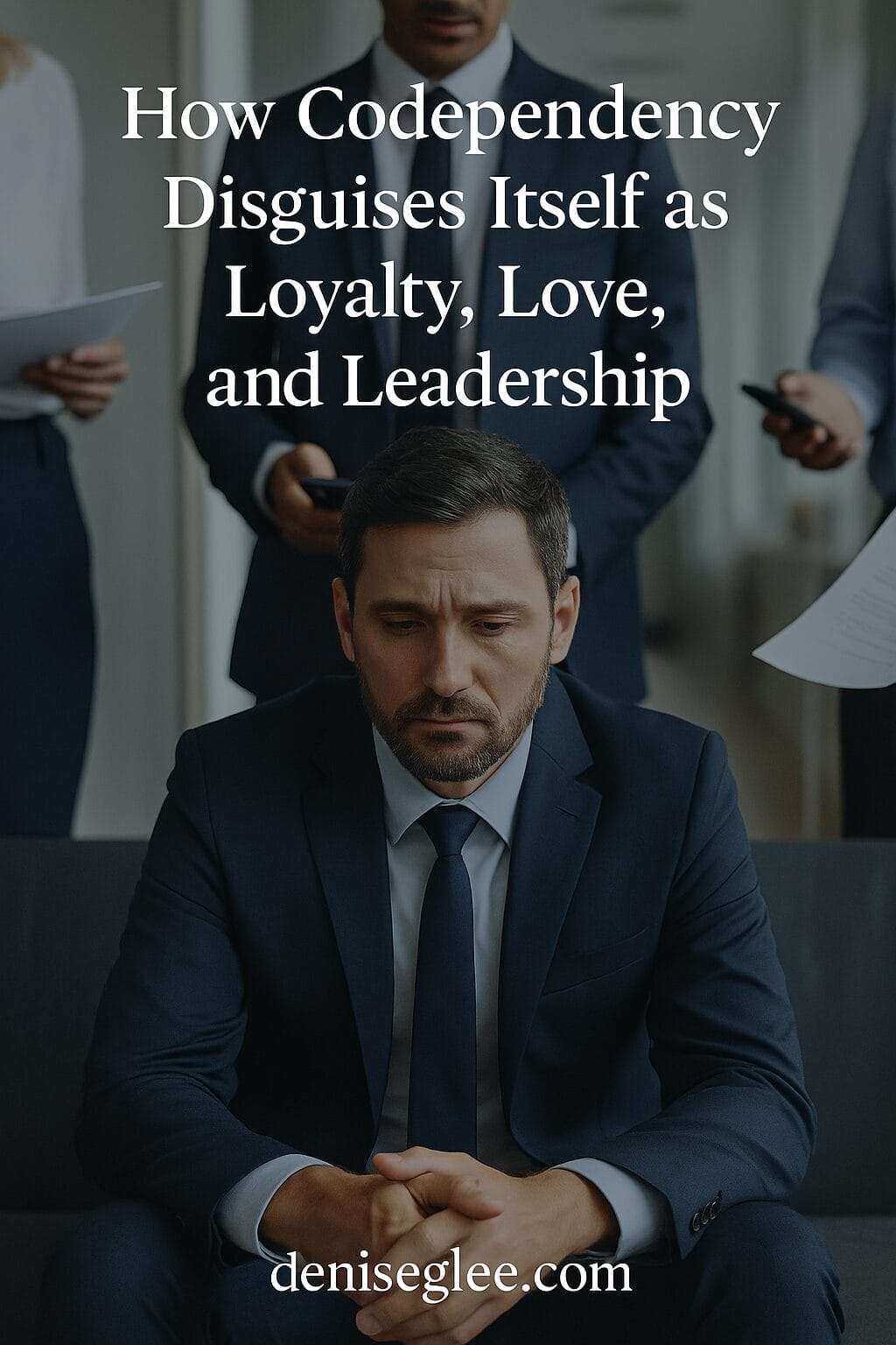 A man in a navy suit sits looking emotionally drained while surrounded by people holding papers and phones, suggesting leadership burnout and hidden codependency