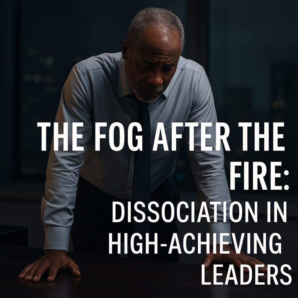 Black male executive leaning over desk in dim office, appearing emotionally exhausted and dissociated