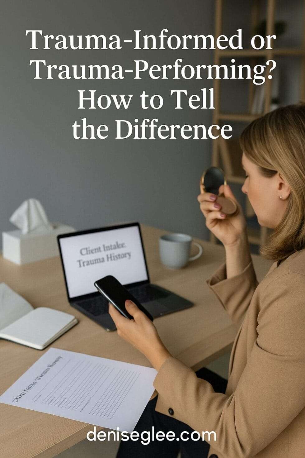 Coach at desk checking her reflection in a compact mirror with a trauma intake form and open laptop in front of her