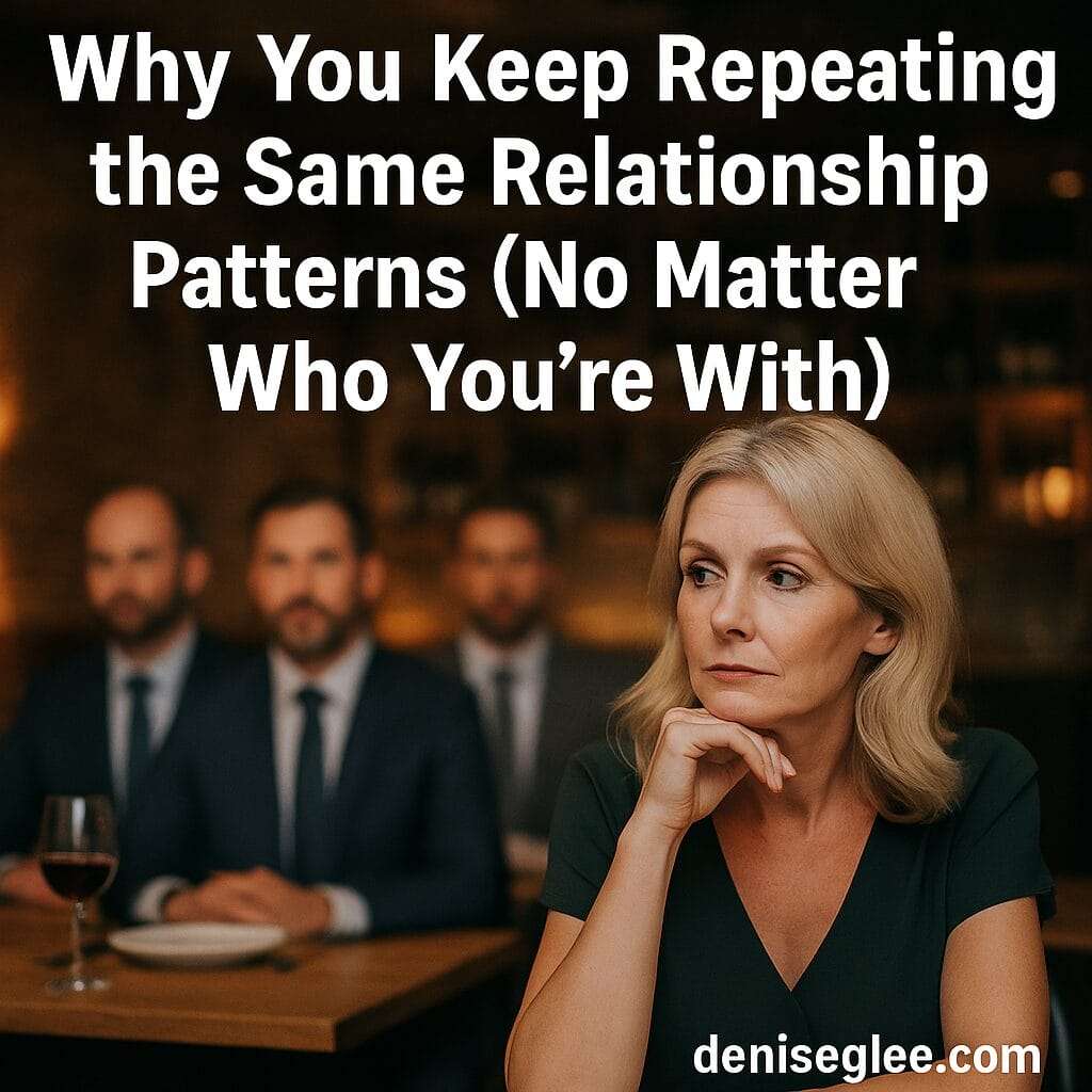 A middle-aged blonde woman sits at a restaurant table with three blurred men behind her, symbolizing repeated relationship patterns. The text overlay reads, “Why You Keep Repeating the Same Relationship Patterns (No Matter Who You’re With),” with deniseglee.com at the bottom.