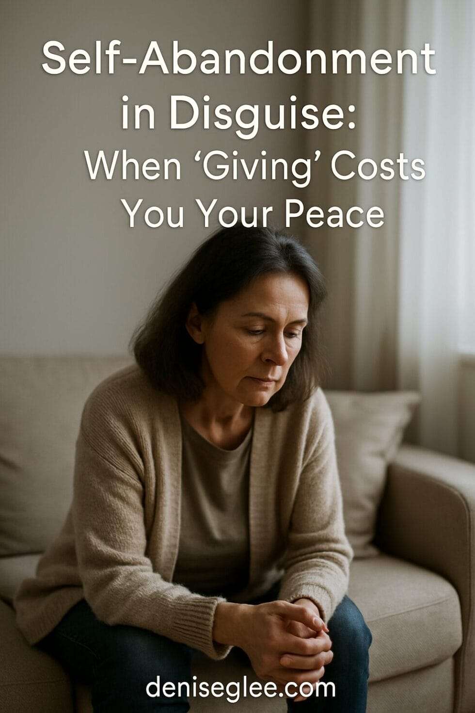 Middle-aged woman sitting alone on a beige couch, looking emotionally exhausted, symbolizing the cost of over-giving and self-abandonment