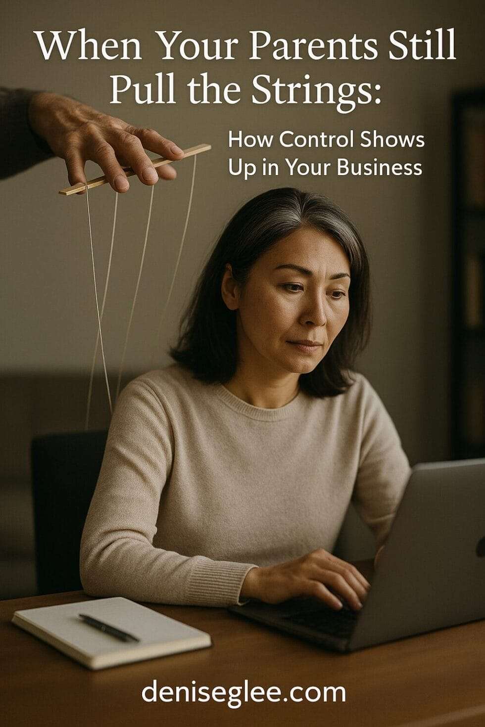 Woman working at her desk with a symbolic hovering presence behind her, representing parental control