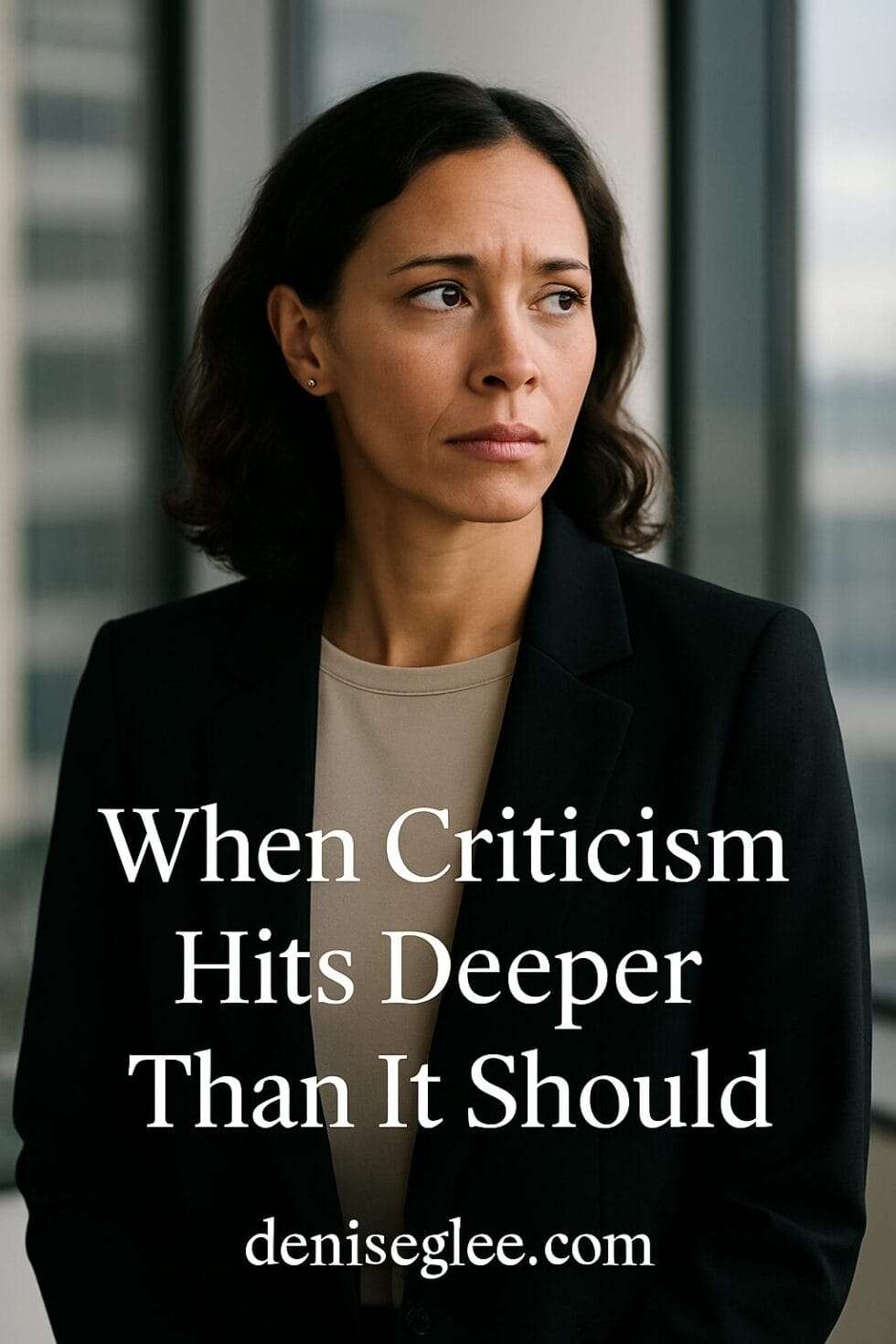 Woman in a black blazer looking away, appearing emotionally rattled in a modern office setting