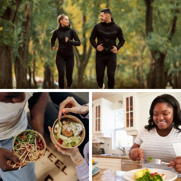 image of people exercising and eating healthy food.