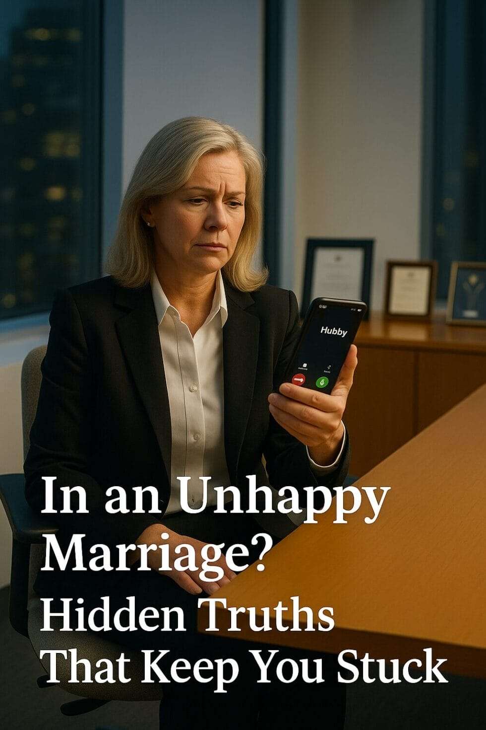 Mid-50s professional woman in a luxury office, looking at a phone call from ‘Hubby,’ symbolizing hidden marital struggles despite career success.