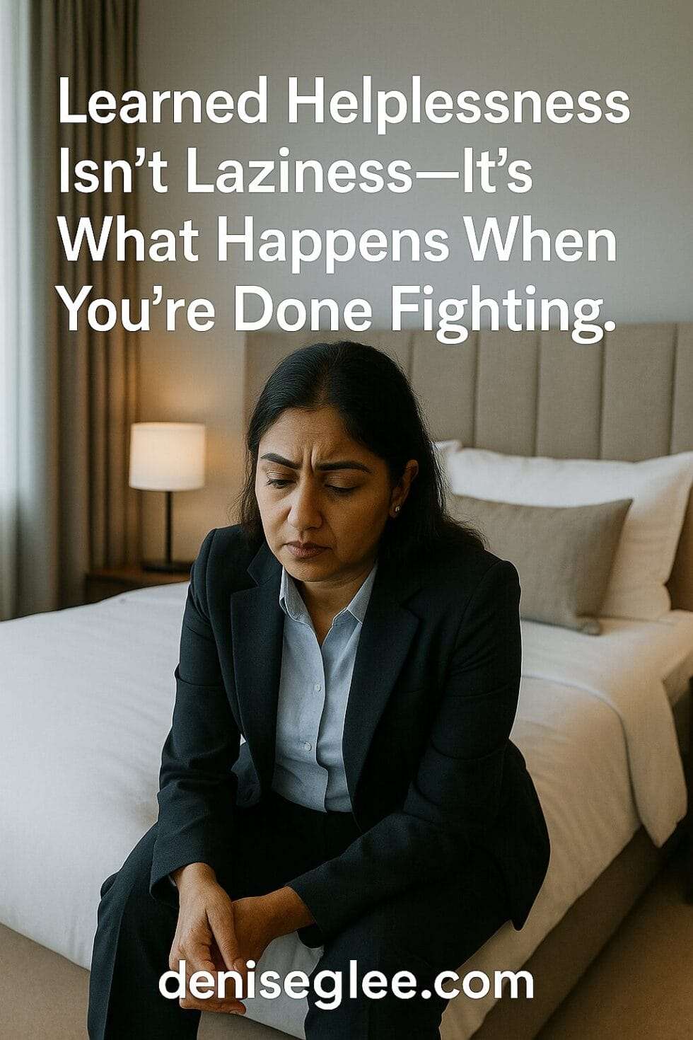 ndian woman in professional clothes sitting on the edge of a bed in a modern bedroom, looking down in quiet exhaustion, with the title 'Learned Helplessness Isn’t Laziness—It’s What Happens When You’re Done Fighting' and deniseglee.com at the bottom.