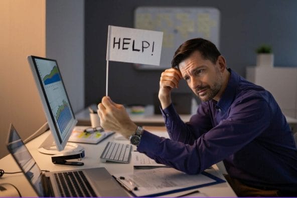man at desk with a sign asking for help