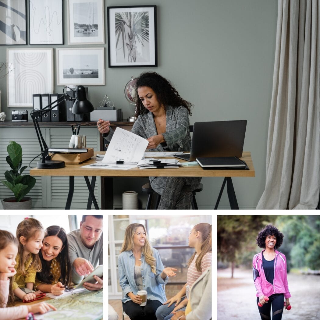 woman at desk, with family, with friends and alone walking.