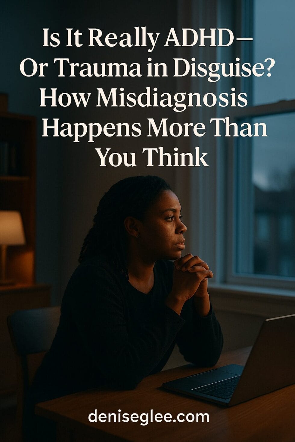 Black woman sitting in a quiet office, reflecting deeply with eyes out the window