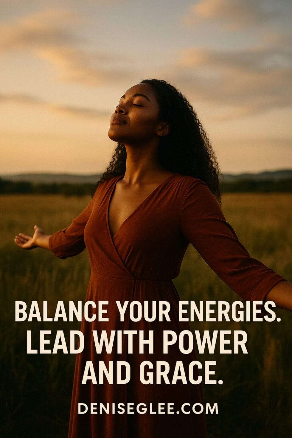 Woman standing in an open field at sunset with arms outstretched, symbolizing balance, power, and grace.