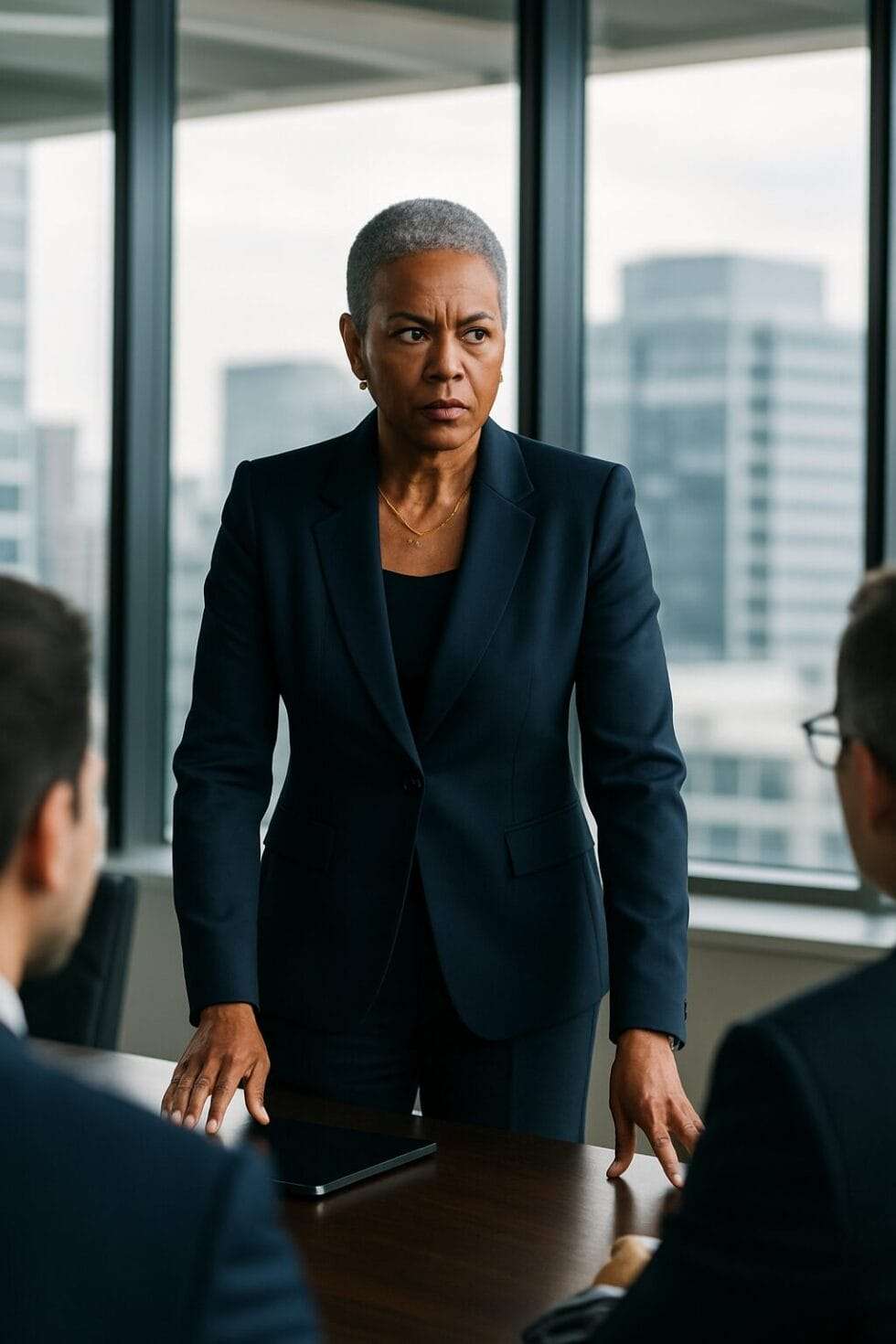 Black woman executive in power suit leading high-level boardroom meeting.