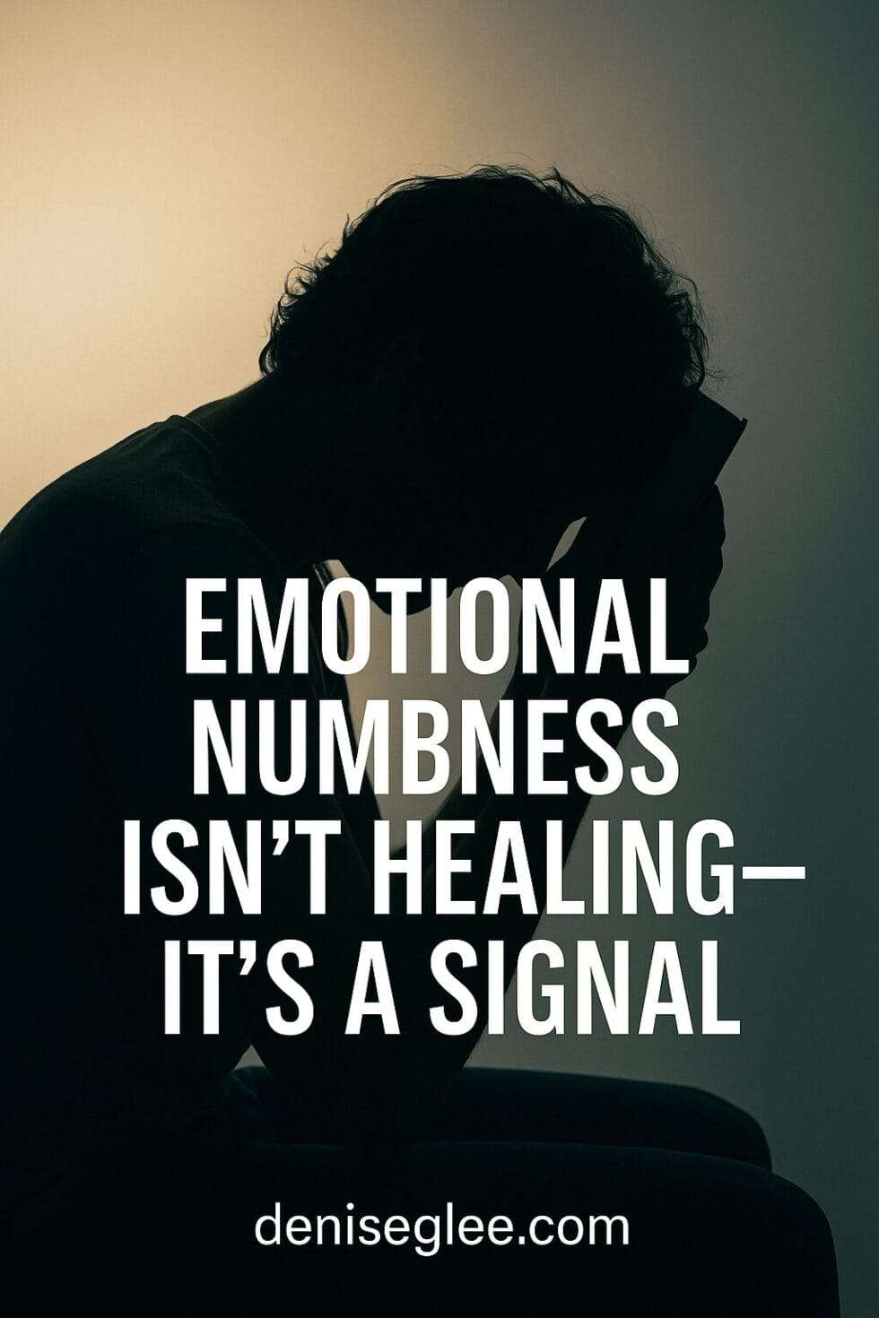 Silhouetted person pressing a book to their forehead in quiet contemplation, overlaid with the title Emotional Numbness Isn’t Healing—It’s a Signal and deniseglee.com