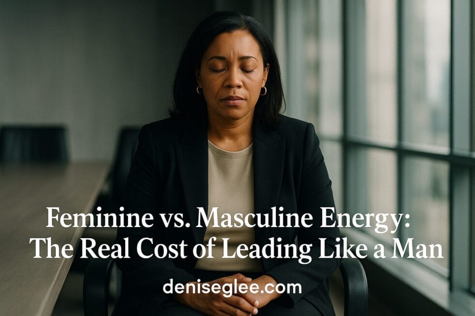 African American woman in business suit sitting in boardroom with eyes closed, reflecting on leadership fatigue