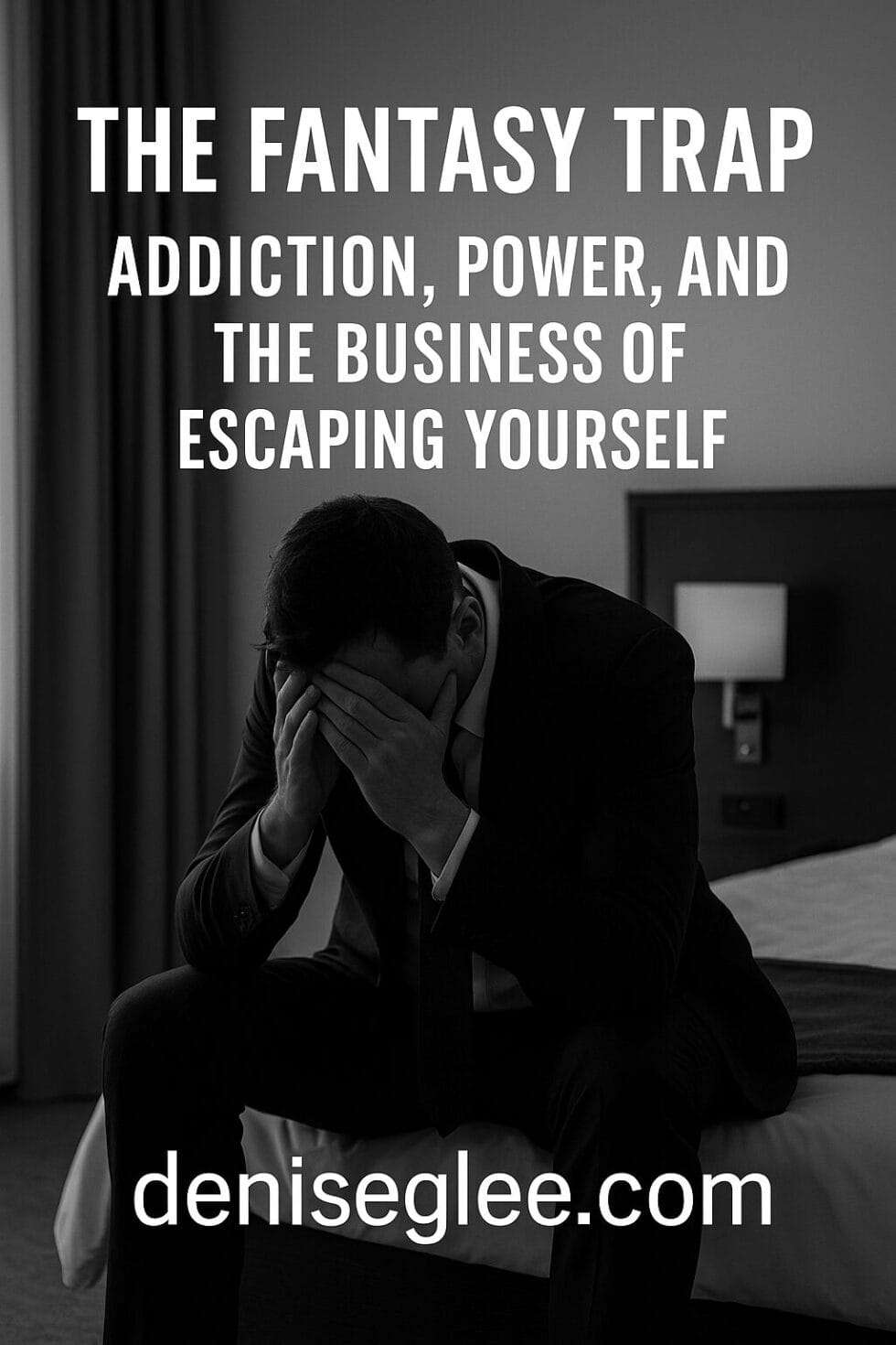 Man in business suit sitting on hotel bed with face in hands, symbolizing the emotional toll of hidden addiction and escapism in professional life