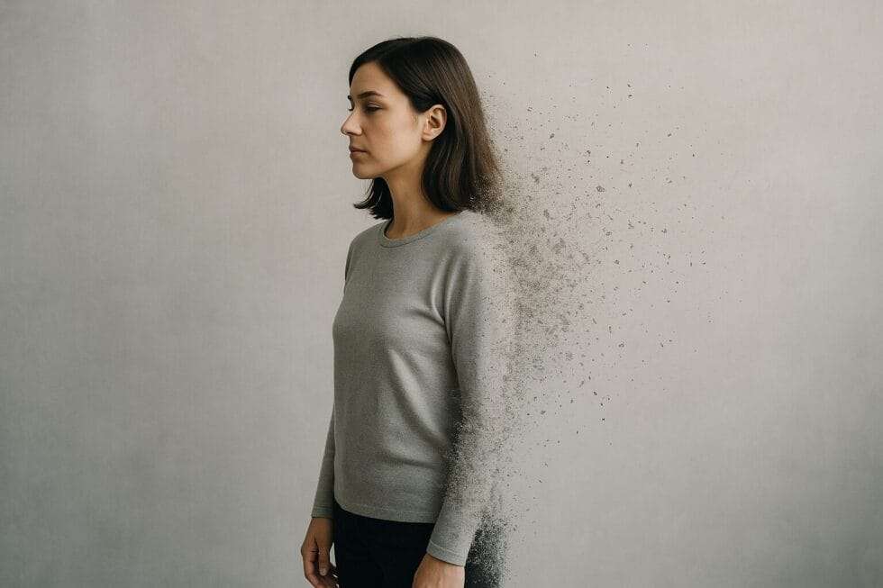 woman mid 30s dissolving into particles