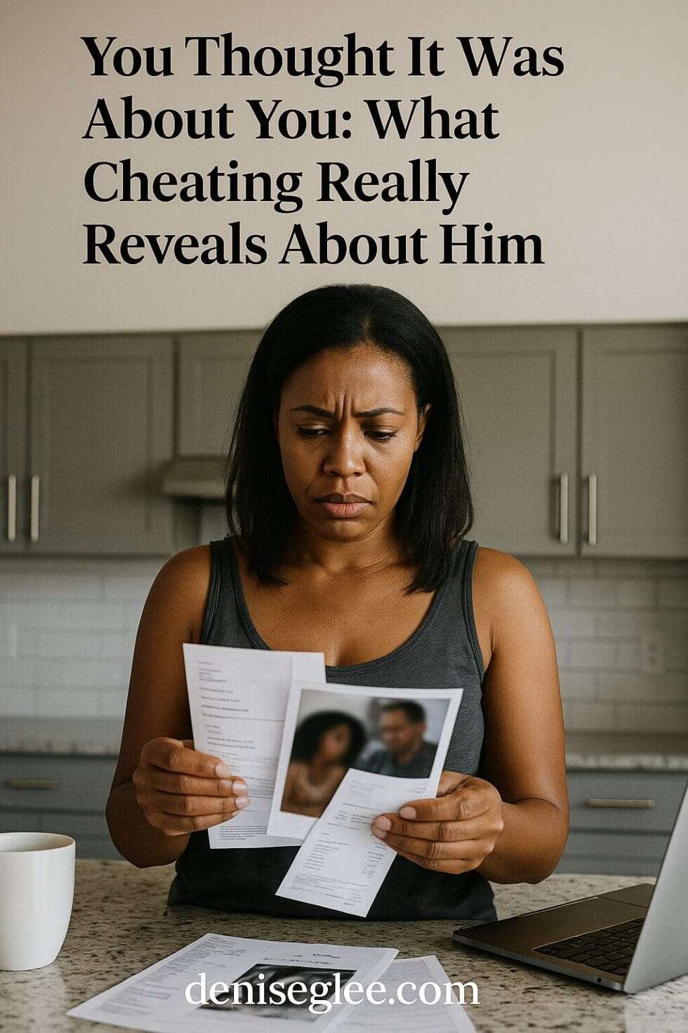 A Black woman in her 30s stands in her kitchen, holding printed hotel receipts and blurred photos, visibly shocked after uncovering evidence of her partner’s affair. The title “You Thought It Was About You: What Cheating Really Reveals About Him” appears above, and deniseglee.com is printed at the bottom.