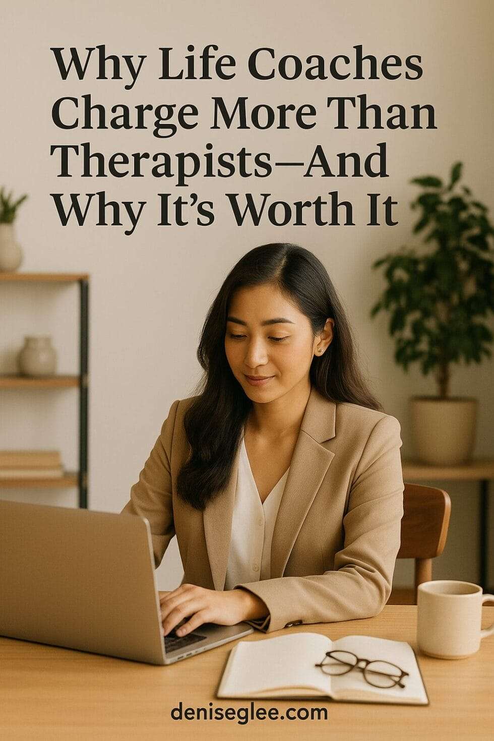 Southeast Asian woman in a beige blazer types confidently on her laptop at a modern desk, symbolizing clarity, professionalism, and the deeper value of life coaching over therapy.