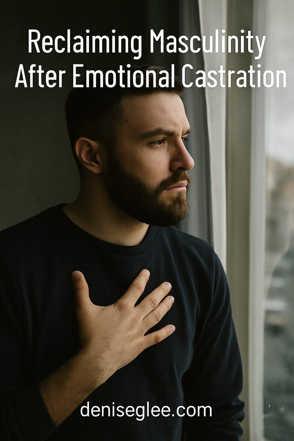 Bearded man with hand on chest gazing out a window, overlaid with the title Reclaiming Masculinity After Emotional Castration and deniseglee.com