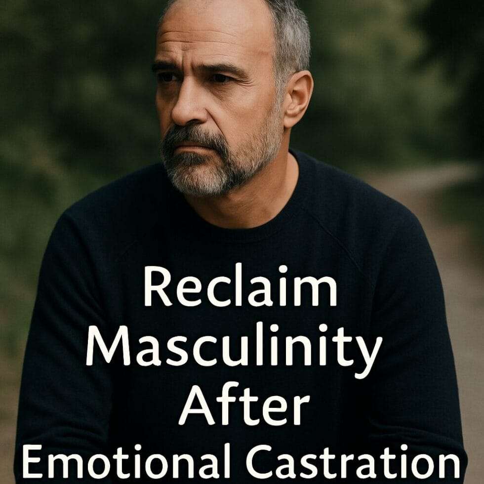 A middle-aged man stands in soft natural light, calm and reflective—embodying grounded masculinity after emotional castration.